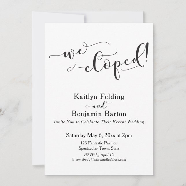 We Eloped! Script Black and White Reception Invitation (Front)