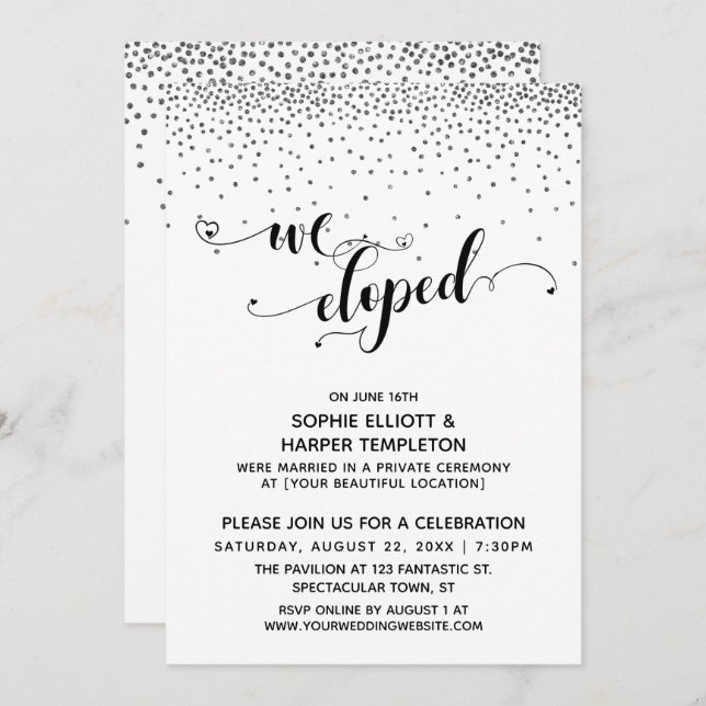 We Eloped Script Silver Confetti Reception-Only Invitation (Front/Back)