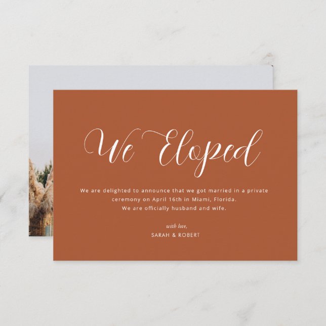 we eloped script terracotta wedding announcement (Front/Back)