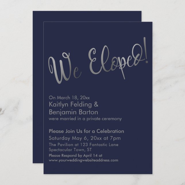 We Eloped! Silver & Navy Post Wedding Celebration Invitation (Front/Back)