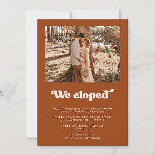 We eloped Stylish retro Burnt Orange announcement