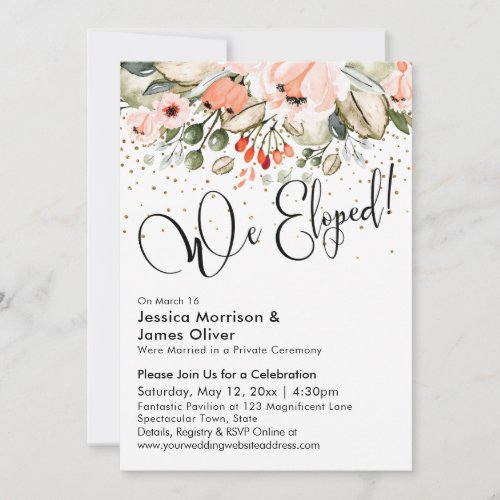 We Eloped Typography Blush Florals Gold Confetti Invitation