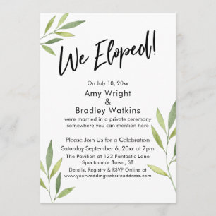 We Eloped Typography & Green Watercolor Foliage Invitation