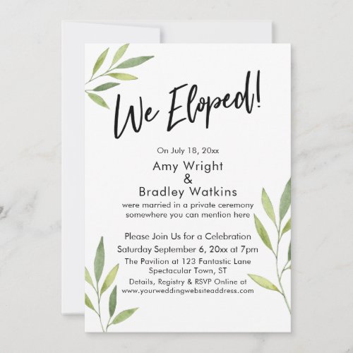 We Eloped Typography  Green Watercolor Foliage Invitation