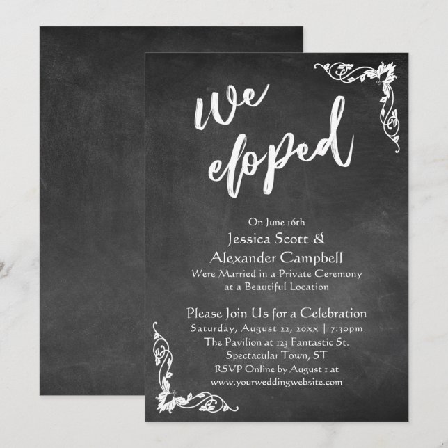 We Eloped Typography on Embellished Chalkboard Invitation (Front/Back)