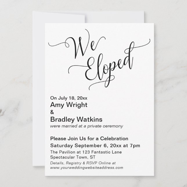 "We Eloped" Typography Post Wedding Celebration Invitation (Front)