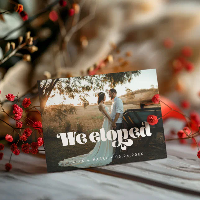 We eloped Vintage retro script photo card
