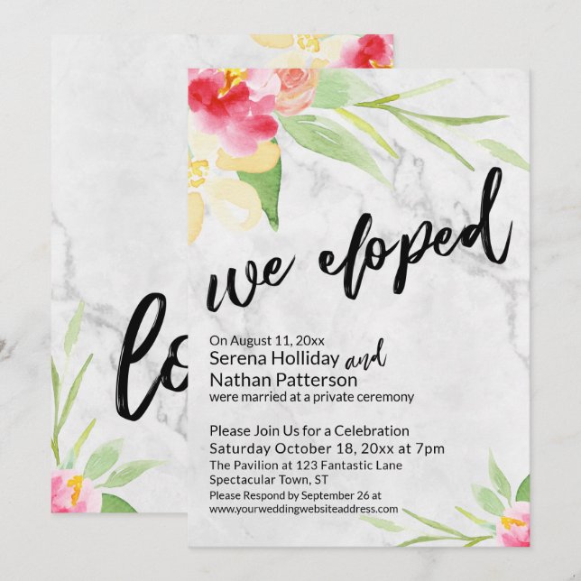 We Eloped Watercolor Flowers & Gray Marble Invitation (Front/Back)
