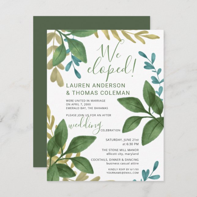 We Eloped Watercolor Leaves Wedding Reception Only Invitation (Front/Back)
