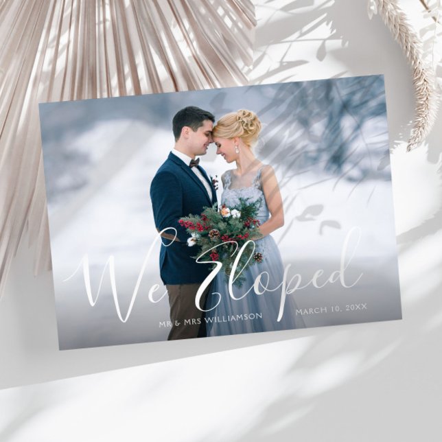 WE ELOPED | white lettering wedding Announcement Postcard (Creator Uploaded)