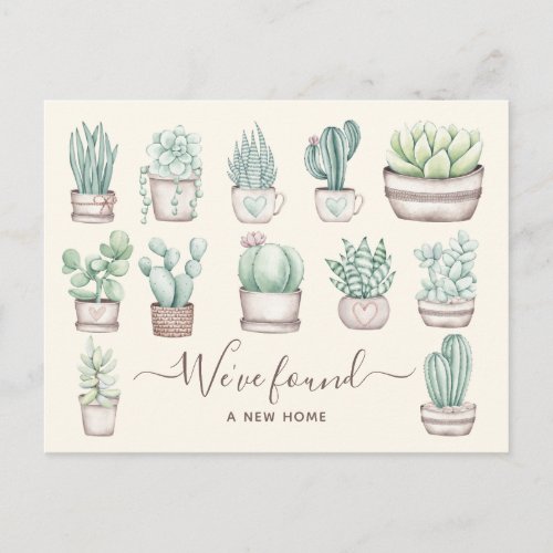 We Found New Home Cute Watercolor Boho Succulents Holiday Postcard