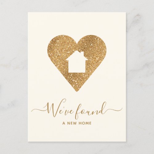 We Found New Home Glitter Gold Heart House Address Holiday Postcard