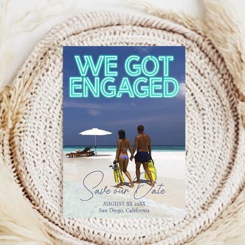 We Got Engaged Teal Neon Lights Photo Save The Date