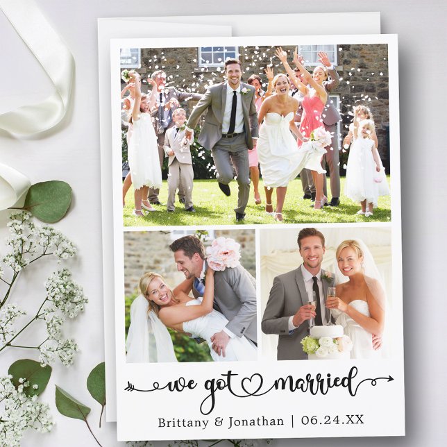 We Got Married 3 Photo Calligraphy Heart Wedding Announcement (Customize to change your personalized text size, text style or to add text to back of card.)