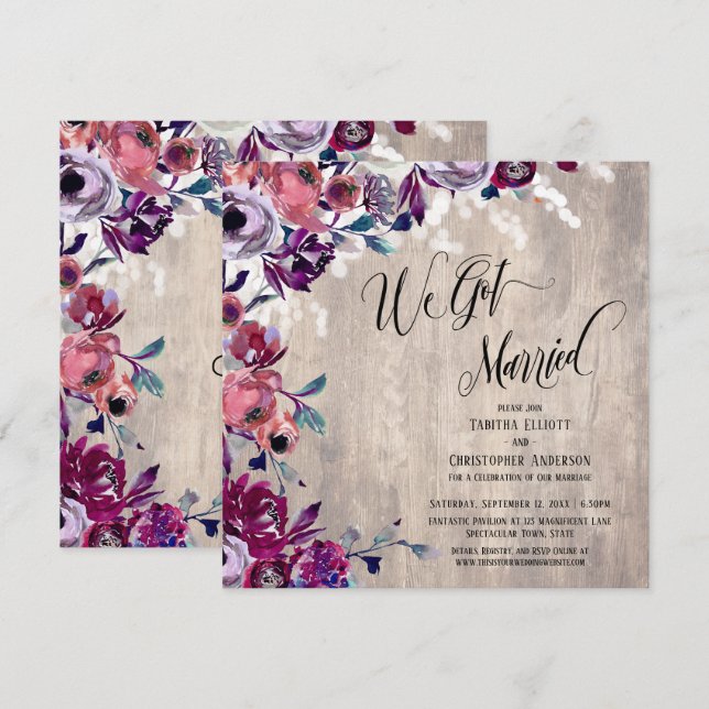 We Got Married Calligraphy Floral Pale Wood Lights Invitation (Front/Back)