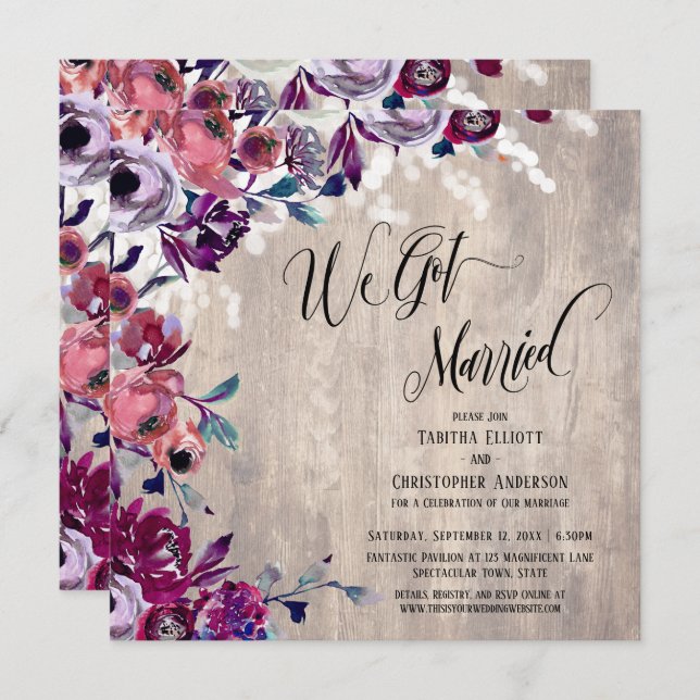 We Got Married Calligraphy Floral Pale Wood Lights Invitation (Front/Back)