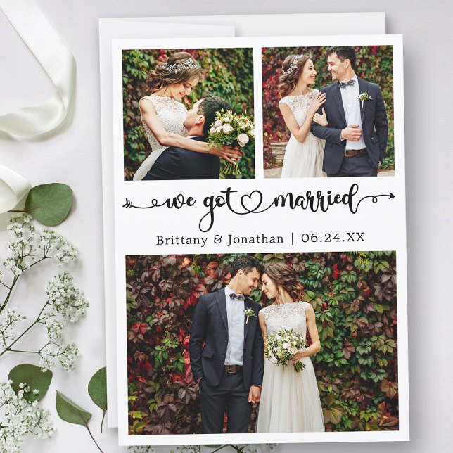 We Got Married Calligraphy Heart 3 Photos Wedding Announcement (Customize to change your personalized text size, text style or to add text to back of card.)