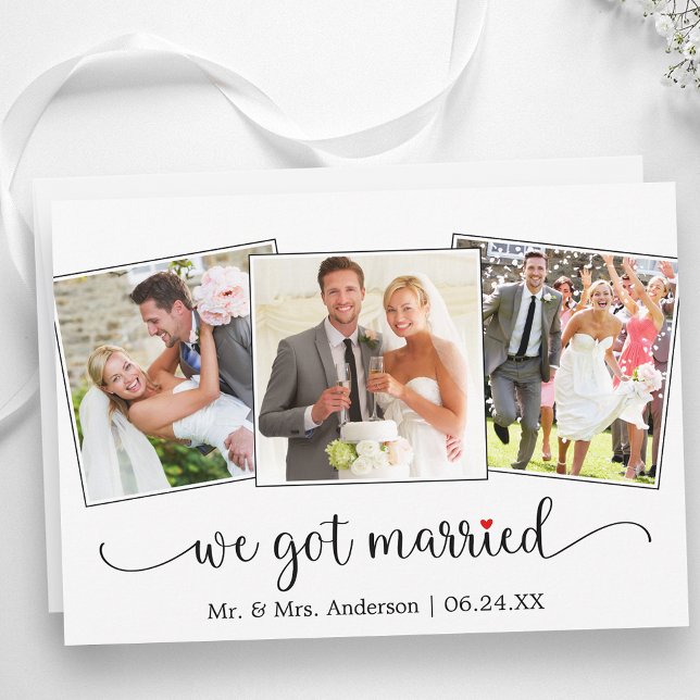 We Got Married Calligraphy Red Heart 3 Photo Announcement (Customize to change your personalized text size, text style or to add text to back of card.)