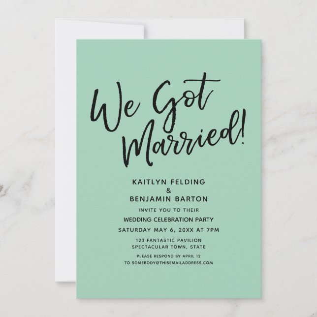 "We Got Married!" Casual Script Green Reception Invitation (Front)