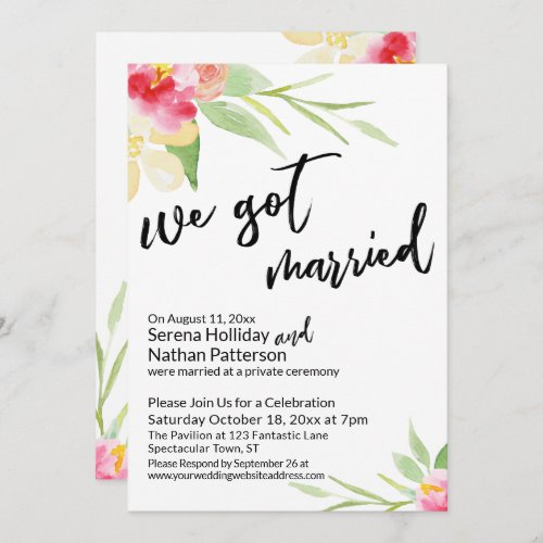 We Got Married Casual Script Watercolor Flowers Invitation