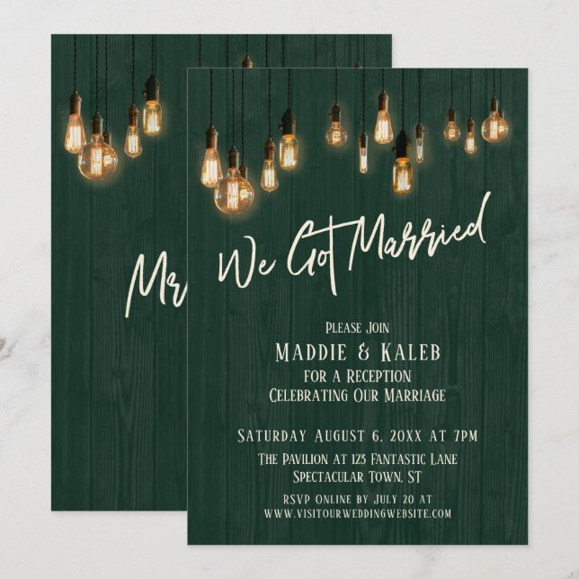 We Got Married Dark Green Wood Edison Lights Invitation (Front/Back)