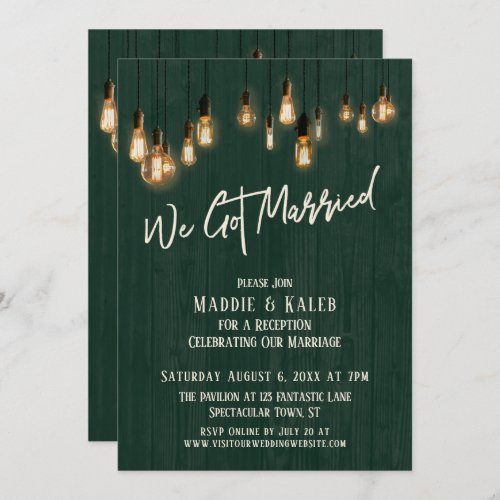 We Got Married Dark Green Wood Edison Lights Invitation