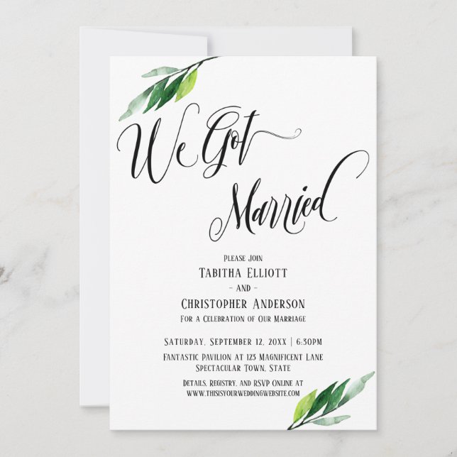 We Got Married Elaborate Script and Greenery Invitation (Front)