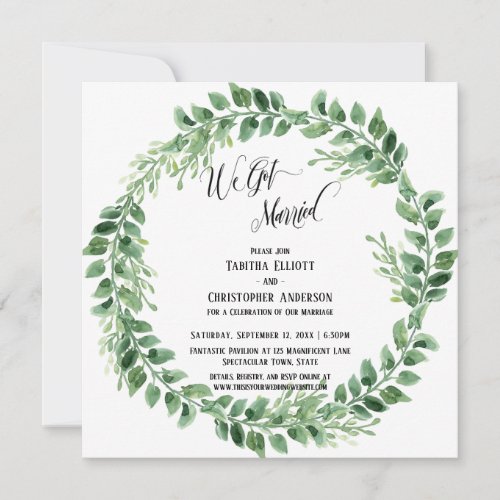 We Got Married Elaborate Script Green Wreath Invitation