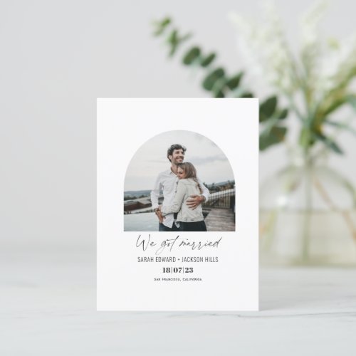 We got married Elegant modern arch photo elopement Announcement Postcard