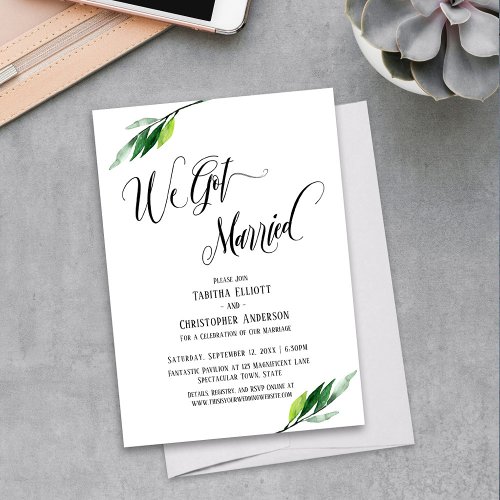 We Got Married Flourishing Script and Greenery Invitation