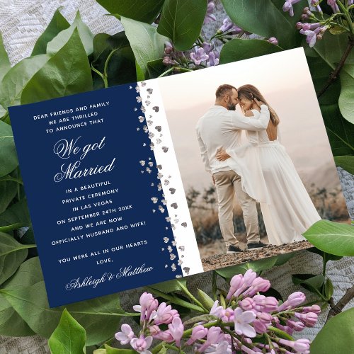 We Got Married Glitter Heart Photo Blue And White Invitation