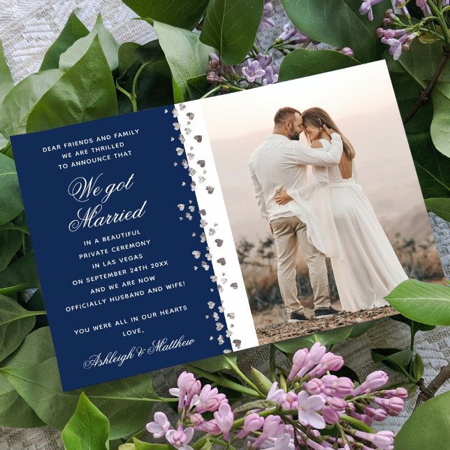We Got Married Glitter Heart Photo Blue And White Invitation (Creator Uploaded)