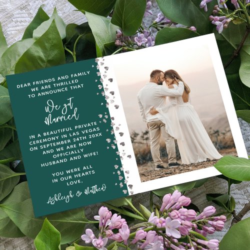 We Got Married Glitter Heart Photo Emerald White Invitation