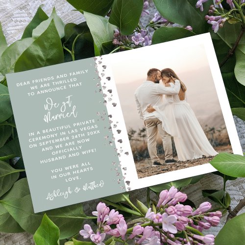 We Got Married Glitter Heart Photo Eucalyptus Invitation