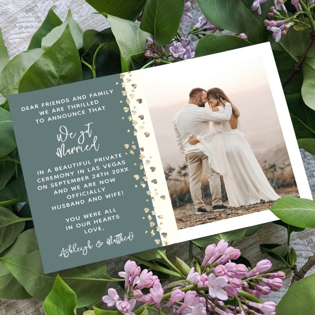 We Got Married Glitter Heart Photo Pine Green Gold Invitation (Creator Uploaded)