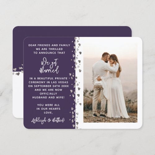 We Got Married Glitter Heart Photo Purple White Invitation