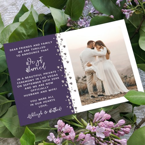 We Got Married Glitter Heart Photo Purple White Invitation