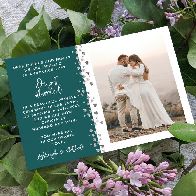 We Got Married Glitter Heart Photo Teal Silver Invitation (Creator Uploaded)