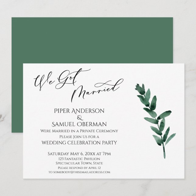 We Got Married Green Painted Leaves Reception-Only Invitation (Front/Back)