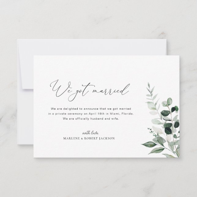 We Got Married greenery wedding announcement (Front)