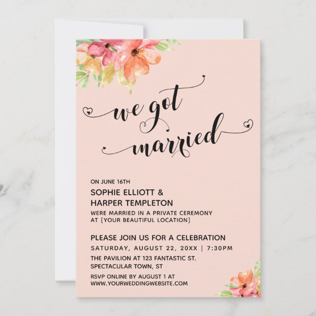 We Got Married Hearts Script Blush Florals Invitation (Front)