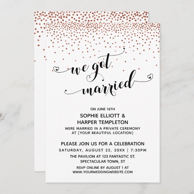 We Got Married Hearts Script Copper Confetti Party Invitation (Front/Back)