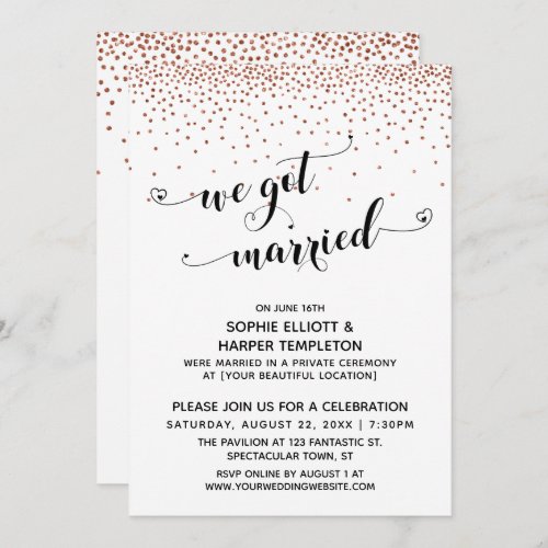 We Got Married Hearts Script Copper Confetti Party Invitation
