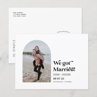 We got married, Modern Arch Simple Photo elopement Announcement Postcard