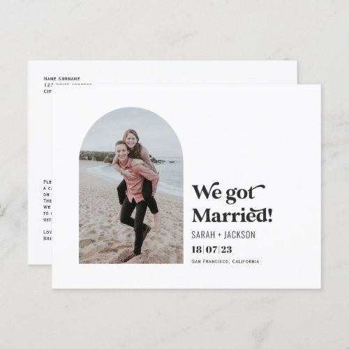 We got married Modern Arch Simple Photo elopement Announcement Postcard