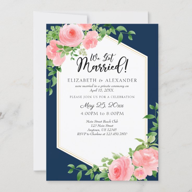 We Got Married Navy Blue Pink Floral Wedding Invitation | Zazzle