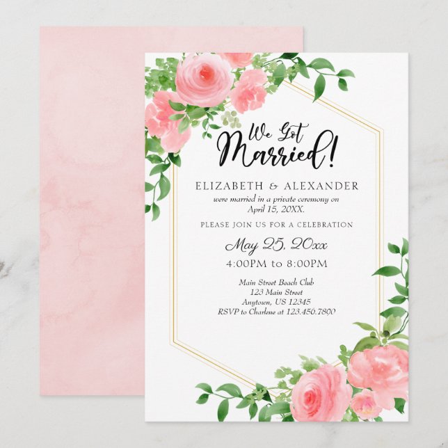 We Got Married Pink Floral Wedding Elopement Invitation (Front/Back)