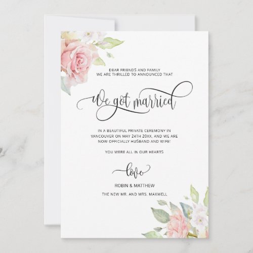 We got Married Rose Gold Floral Married Wedding Announcement