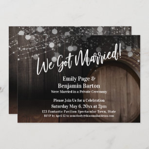 We Got Married Rustic Wood Barrel and Lights Invitation