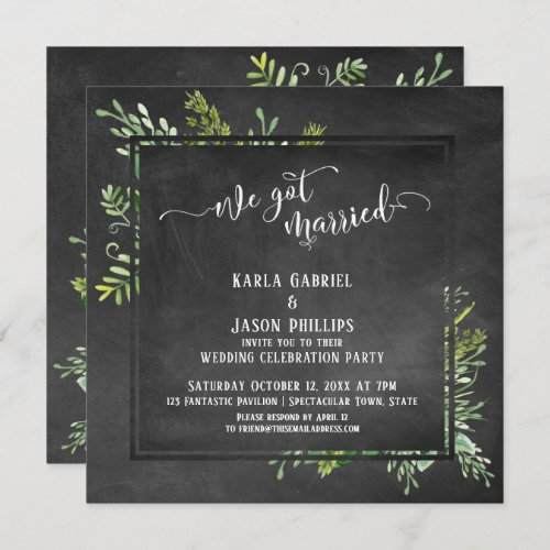 We Got Married Script Greenery Bouquet Chalkboard Invitation